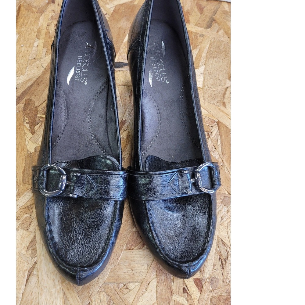 Aerosoles Seashore Black Buckle Loafer Heels Womens 9M Heel Rest Slip On Shoes